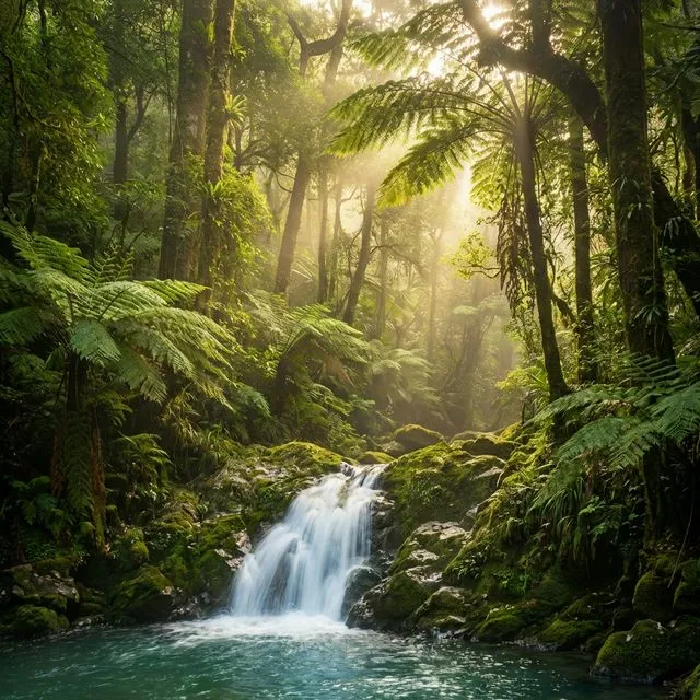 Lush green jungle with a gentle waterfall